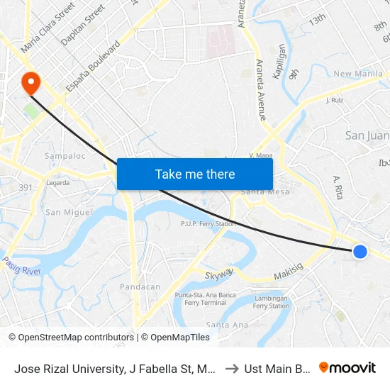 Jose Rizal University, J Fabella St, Mandaluyong City to Ust Main Building map