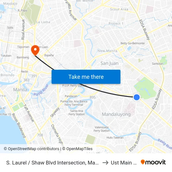 S. Laurel / Shaw Blvd Intersection, Mandaluyong City, Manila to Ust Main Building map