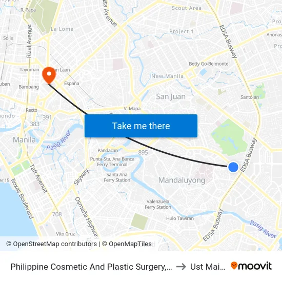 Philippine Cosmetic And Plastic Surgery, Shaw Blvd, Mandaluyong City, Manila to Ust Main Building map
