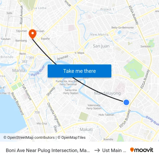 Boni Ave Near Pulog Intersection, Mandaluyong City, Manila to Ust Main Building map