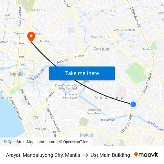 Arayat, Mandaluyong City, Manila to Ust Main Building map