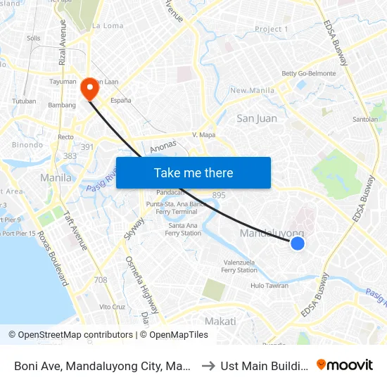 Boni Ave, Mandaluyong City, Manila to Ust Main Building map