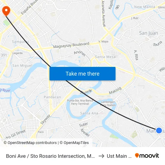 Boni Ave / Sto Rosario Intersection, Mandaluyong City, Manila to Ust Main Building map