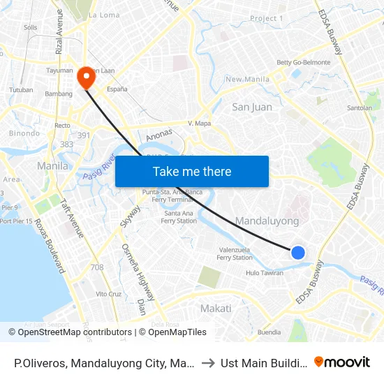 P.Oliveros, Mandaluyong City, Manila to Ust Main Building map
