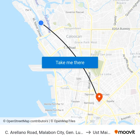 C. Arellano Road, Malabon City, Gen. Luna St., Bgy. Ibaba, Malabon City to Ust Main Building map