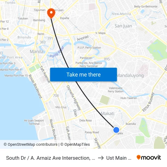 South Dr / A. Arnaiz Ave Intersection, Makati City, Manila to Ust Main Building map