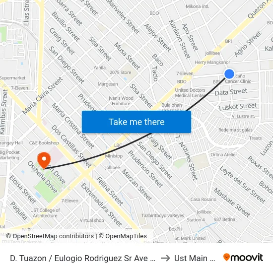 D. Tuazon / Eulogio Rodriguez Sr Ave Intersection, Manila to Ust Main Building map