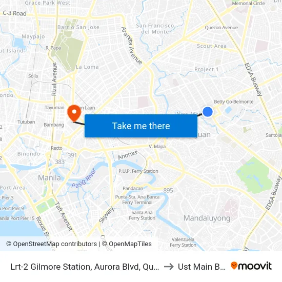 Lrt-2 Gilmore Station, Aurora Blvd, Quezon City, Manila to Ust Main Building map