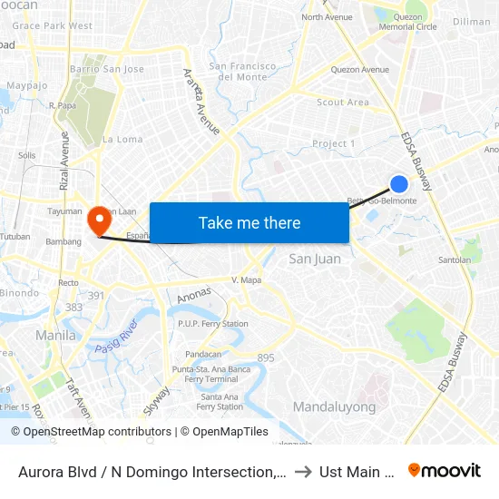 Aurora Blvd / N Domingo Intersection, Quezon City, Manila to Ust Main Building map