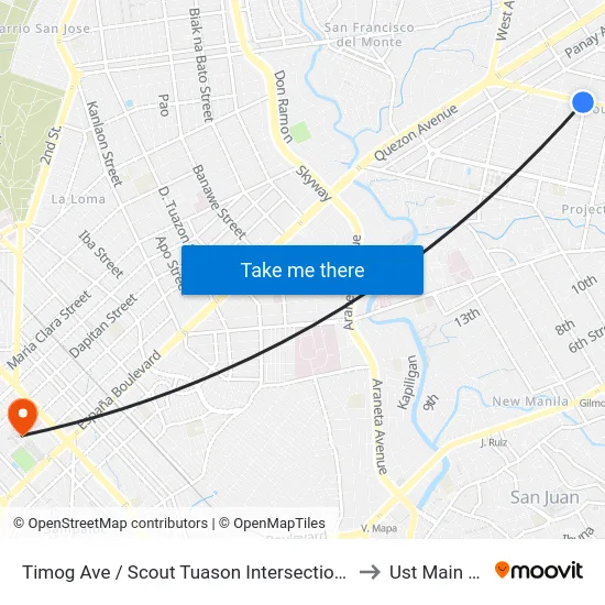 Timog Ave / Scout Tuason Intersection, Quezon City, Manila to Ust Main Building map