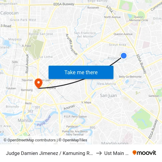 Judge Damien Jimenez / Kamuning Rd, Quezon City, Manila to Ust Main Building map