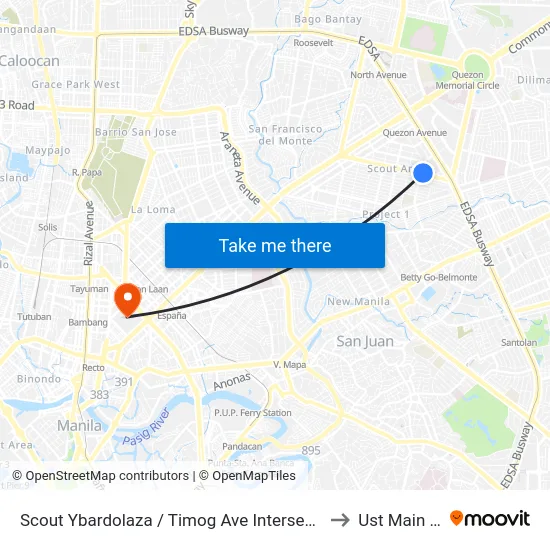 Scout Ybardolaza / Timog Ave Intersection, Quezon City, Manila to Ust Main Building map
