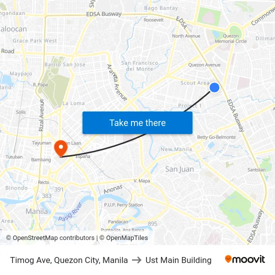 Timog Ave, Quezon City, Manila to Ust Main Building map