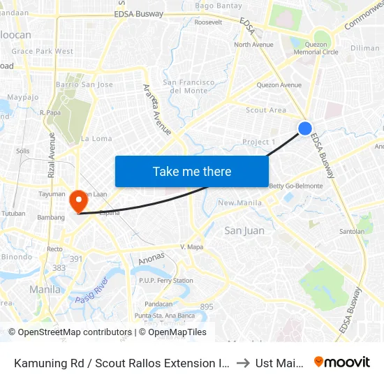 Kamuning Rd / Scout Rallos Extension Intersection, Quezon City, Manila to Ust Main Building map