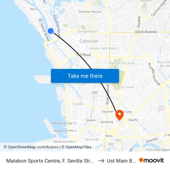 Malabon Sports Centre, F. Sevilla Street, Malabon City to Ust Main Building map
