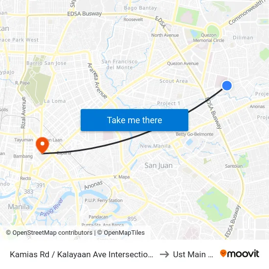 Kamias Rd / Kalayaan Ave Intersection, Quezon City, Manila to Ust Main Building map