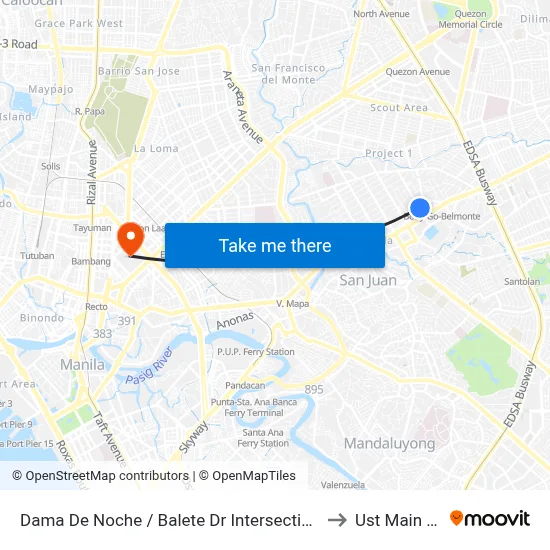 Dama De Noche / Balete Dr  Intersection, Quezon City, Manila to Ust Main Building map