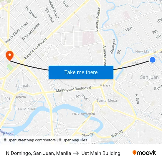 N.Domingo, San Juan, Manila to Ust Main Building map