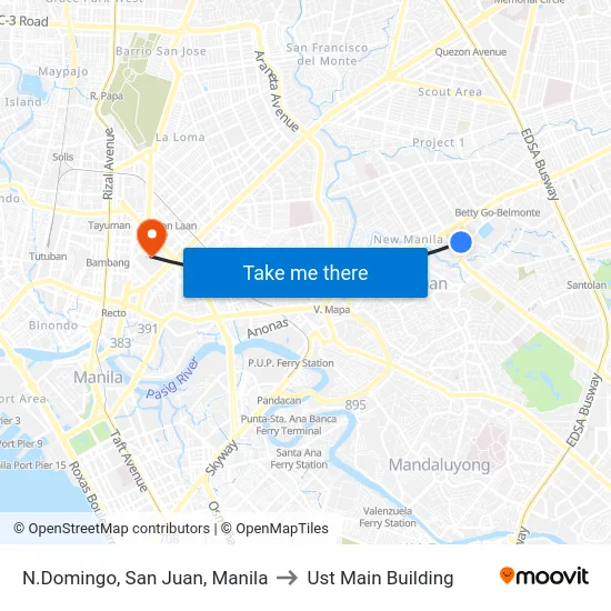 N.Domingo, San Juan, Manila to Ust Main Building map
