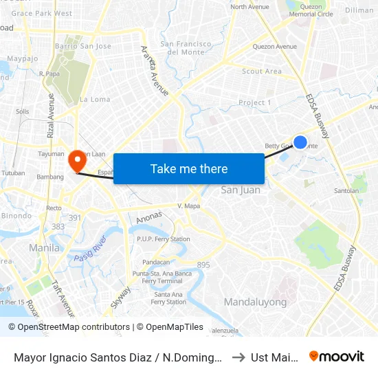 Mayor Ignacio Santos Diaz / N.Domingo Intersection, San Juan, Manila to Ust Main Building map