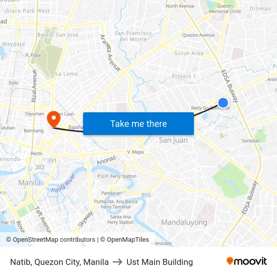 Natib, Quezon City, Manila to Ust Main Building map