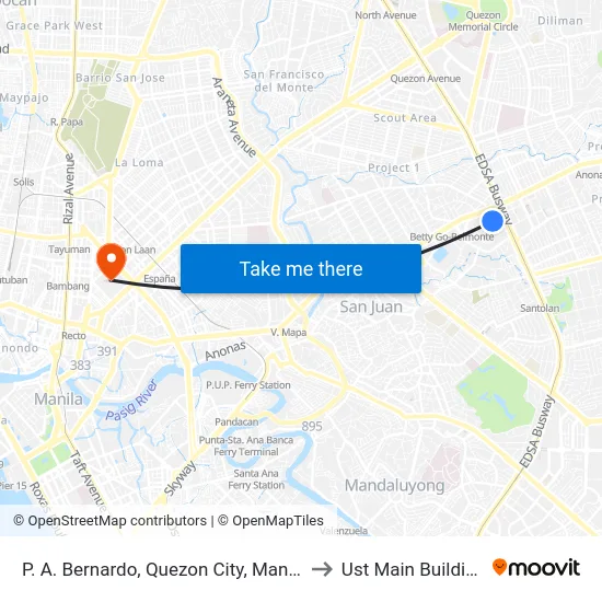 P. A. Bernardo, Quezon City, Manila to Ust Main Building map