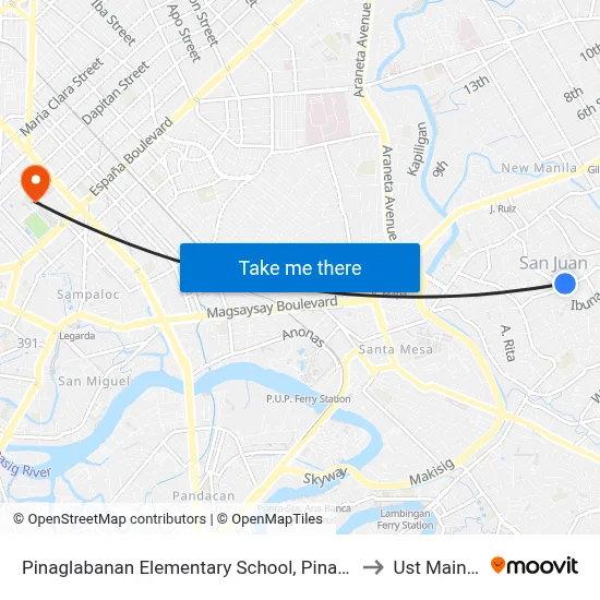 Pinaglabanan Elementary School, Pinaglabanan, San Juan, Manila to Ust Main Building map