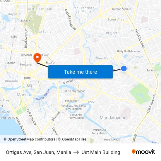 Ortigas Ave, San Juan, Manila to Ust Main Building map