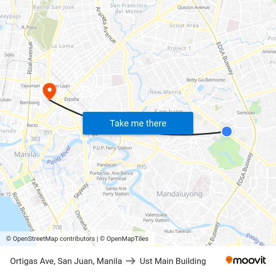 Ortigas Ave, San Juan, Manila to Ust Main Building map