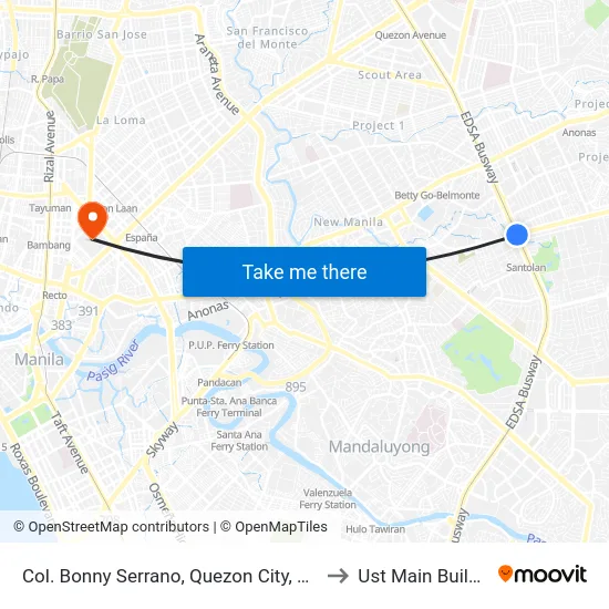 Col. Bonny Serrano, Quezon City, Manila to Ust Main Building map