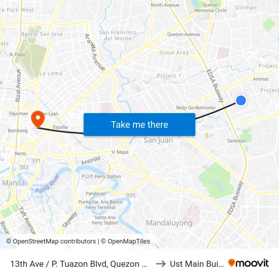 13th Ave / P. Tuazon Blvd, Quezon City, Manila to Ust Main Building map