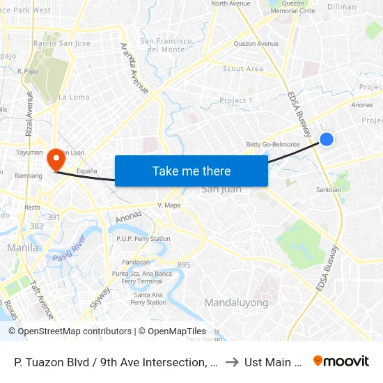 P. Tuazon Blvd / 9th Ave Intersection, Quezon City, Manila to Ust Main Building map
