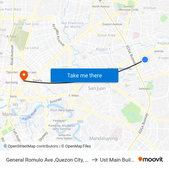 General Romulo Ave ,Quezon City, Manila to Ust Main Building map