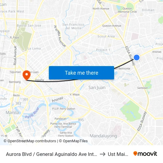 Aurora Blvd / General Aguinaldo Ave Intersection, Quezon City, Manila to Ust Main Building map