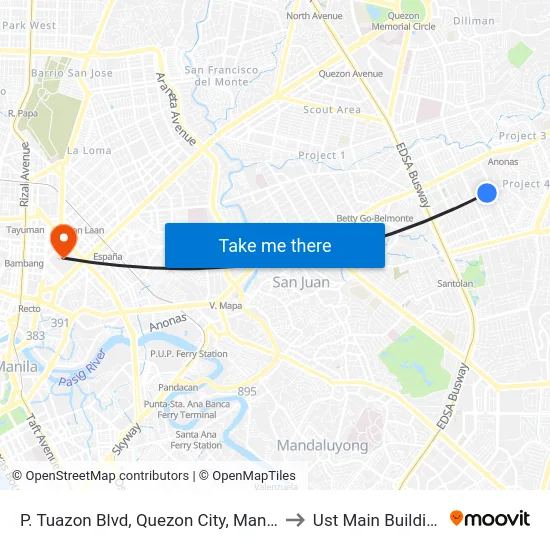 P. Tuazon Blvd, Quezon City, Manila to Ust Main Building map