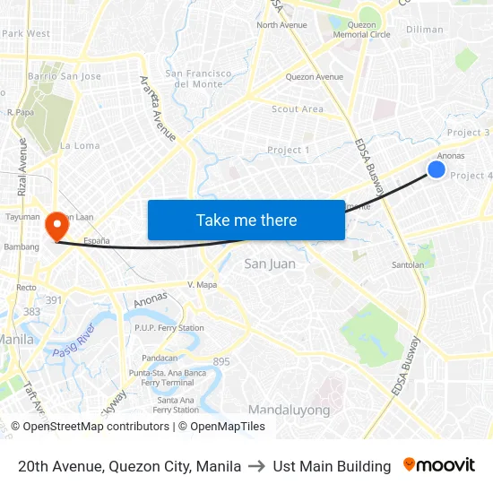 20th Avenue, Quezon City, Manila to Ust Main Building map