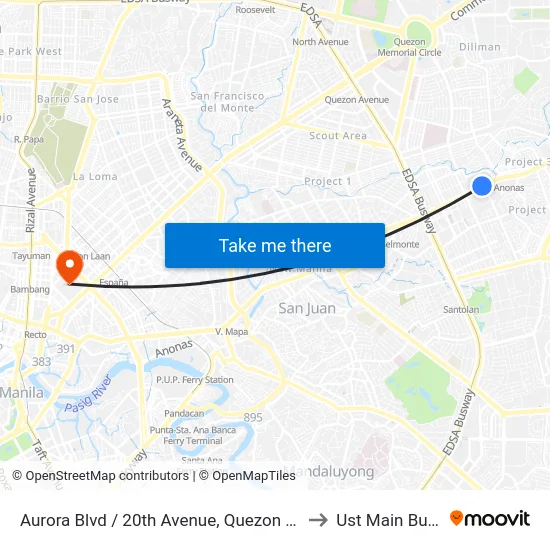 Aurora Blvd / 20th Avenue, Quezon City, Manila to Ust Main Building map