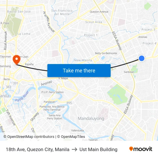 18th Ave, Quezon City, Manila to Ust Main Building map