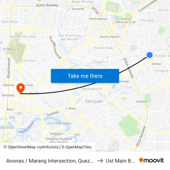 Anonas / Marang Intersection, Quezon City, Manila to Ust Main Building map