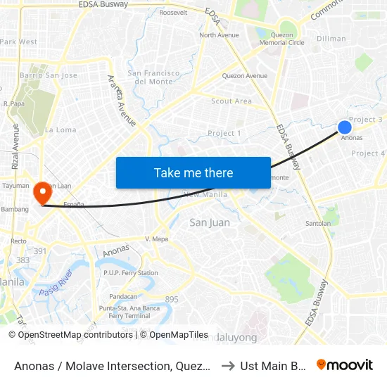 Anonas / Molave Intersection, Quezon City, Manila to Ust Main Building map