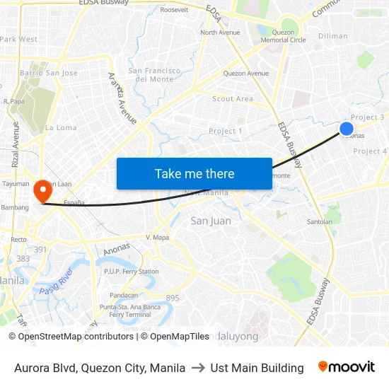 Aurora Blvd, Quezon City, Manila to Ust Main Building map