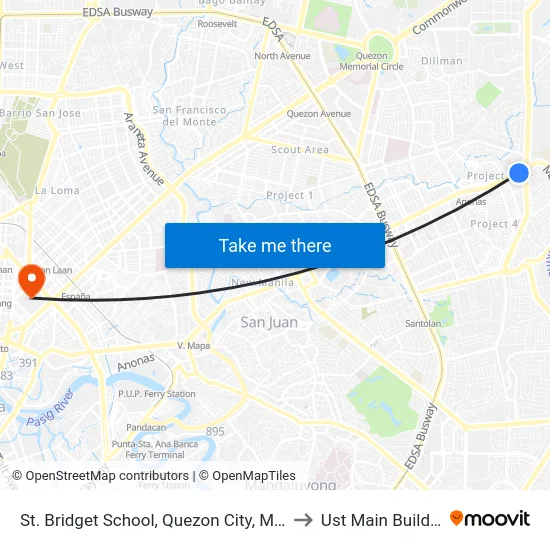 St. Bridget School, Quezon City, Manila to Ust Main Building map