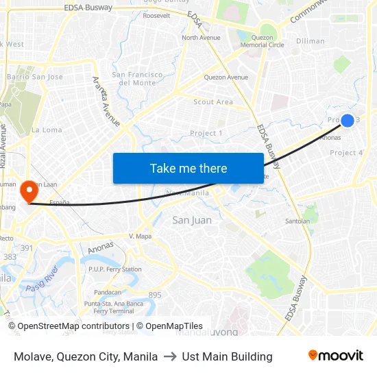 Molave, Quezon City, Manila to Ust Main Building map