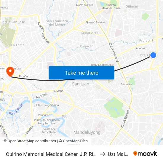 Quirino Memorial Medical Cener, J.P. Rizal Street, Quezon City, Manila to Ust Main Building map