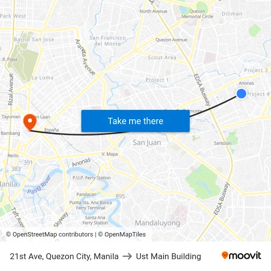 21st Ave, Quezon City, Manila to Ust Main Building map