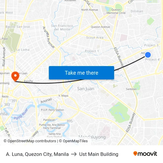 A. Luna, Quezon City, Manila to Ust Main Building map