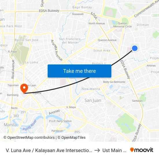 V. Luna Ave / Kalayaan Ave Intersection, Quezon City, Manila to Ust Main Building map