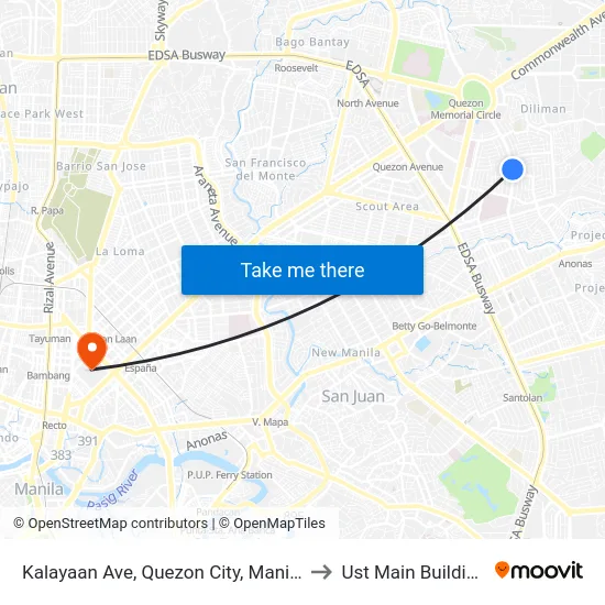 Kalayaan Ave, Quezon City, Manila to Ust Main Building map