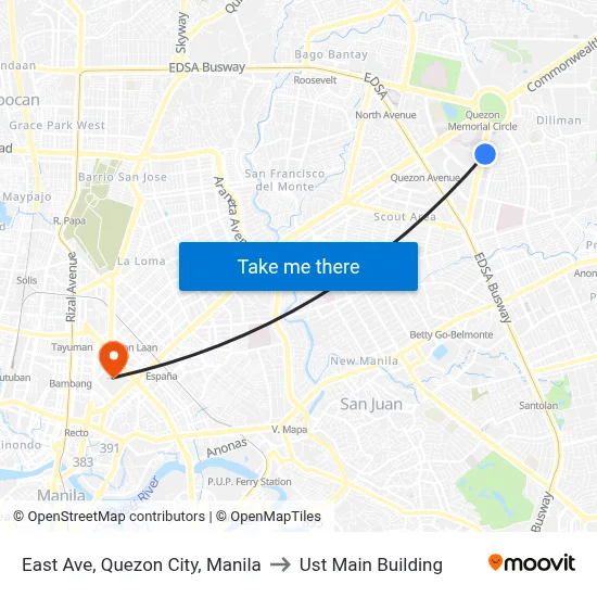East Ave, Quezon City, Manila to Ust Main Building map