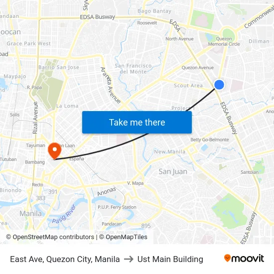 East Ave, Quezon City, Manila to Ust Main Building map